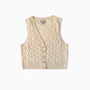 J.Crew Cashmere Cable Knit Vest S Buttercream Gold Button Cottagecore Coquette
